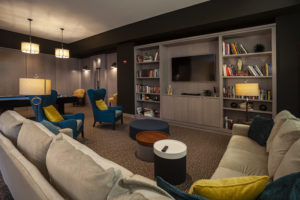 Resident lounge and library for Center City Philadelphia apartment building